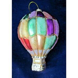 Hot Air Balloon Iced Frit Glitter Accent Mercury Style Blown Glass Ornament New